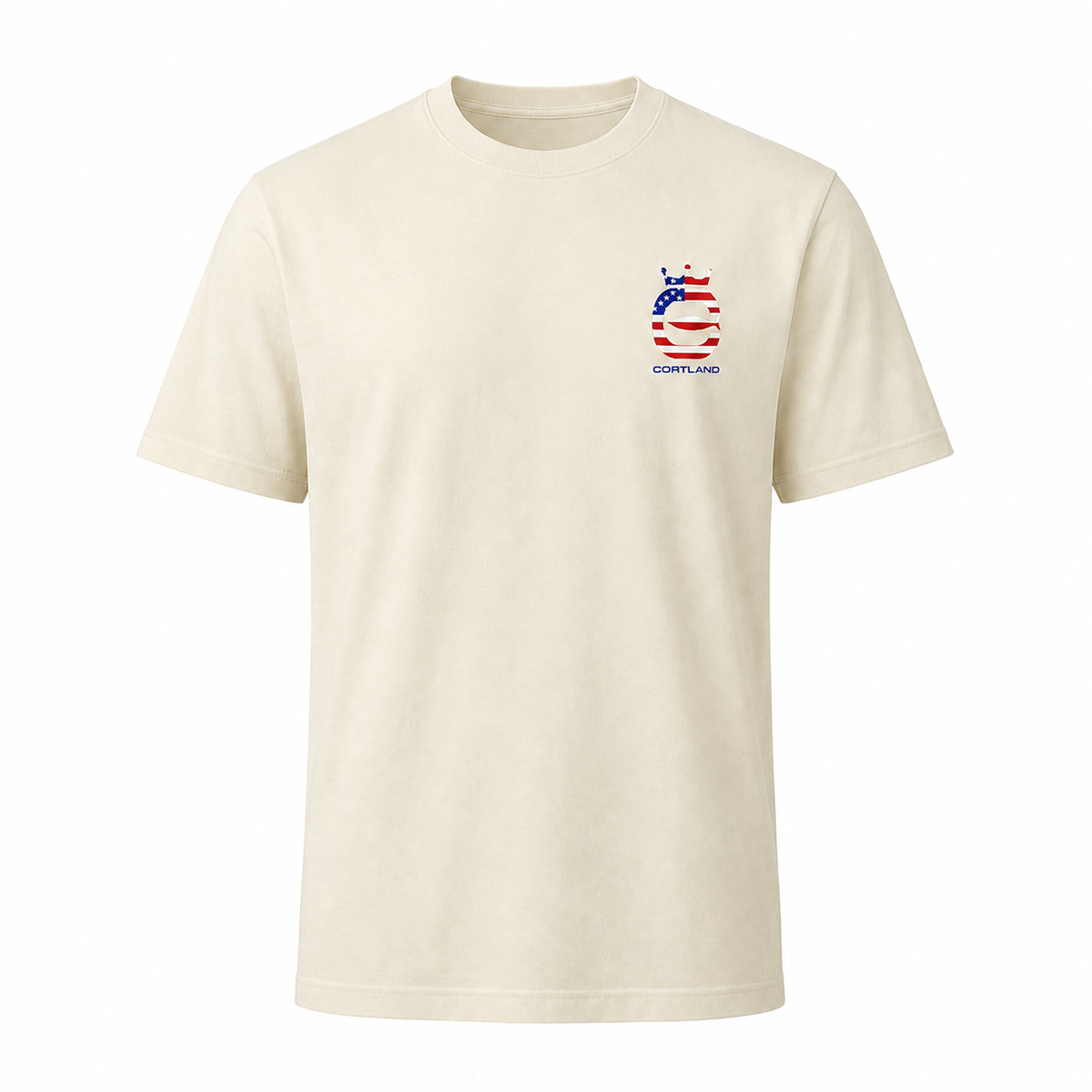 Beige t-shirt with a Cortland Line logo on the chest against a white background