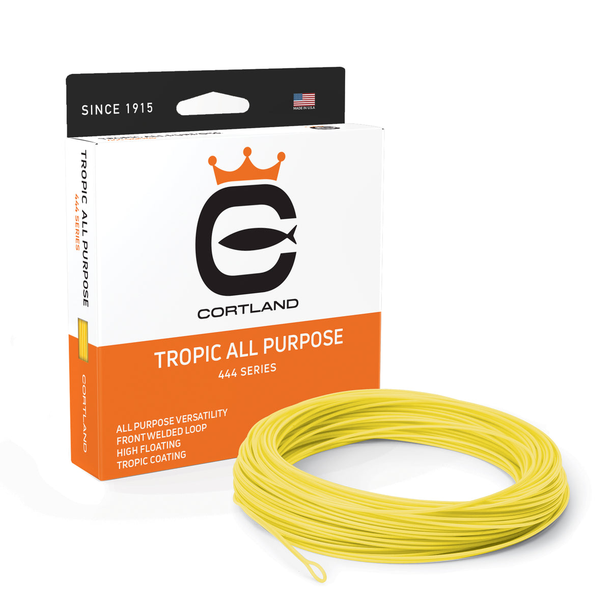 Cortland Tropic All Purpose fly line packaging with yellow line on a white background